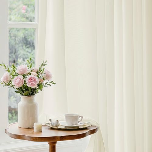 Beauoop Warm Cream Semi Sheer Curtains for Living Room 52x84 2 Panels