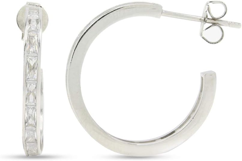 Baguette Simulated Emerald & Cubic Zirconia Huggie Hoop Earrings for Women – 925 Sterling Silver C-Shape Half Hoops with Push Back Dainty Everyday Jewelry Gift