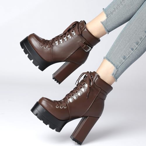 Image of Susanny Sexy High Heels for Women Boots Round Toe Platform Booties Lace Up Suede Side Zipper Ankle Bootie