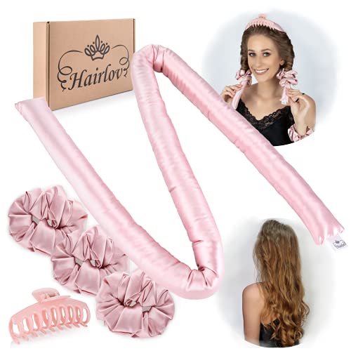 Heatless Curling Rod Headband by Hairlov Silk Ribbon Soft Curler for Natural Curls Zero Heat Curlers with Eco Box 3 Scrunchies 1 Hair Clip and VIDEO Instruction Rollers Curl Waves, 5 Piece Set