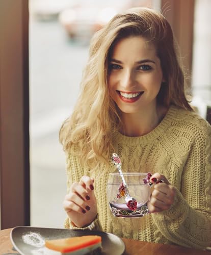 Image of Enamel Flower Glass Coffee Mugs & Tea Cup Set with Steel Spoon | Luxury Butterfly Design Tea Cups for Women, Mom, Wife | Unique Personalized Gifts for Birthday, Mother's Day Valentine's Day