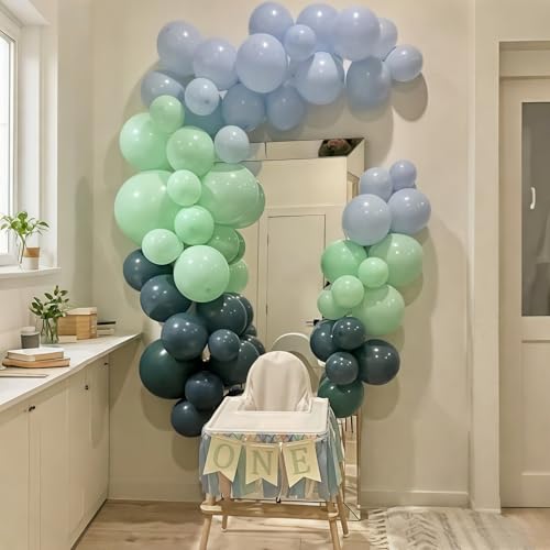Image of Dusty Slate Blue and Green Garland Balloon Arch Kit, 118pcs Baby Blue Green Party Balloons Balloons for Boys Baby Shower Jungle Woodland Ocean Beach Under The Sea One 1st Birthday Party Decorations