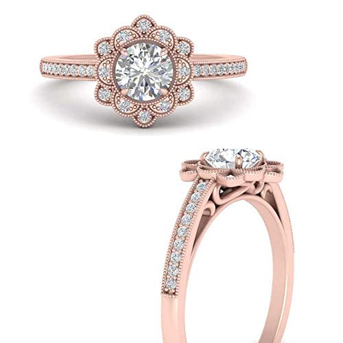 Image of 55Carat Choose Your Gemstone Milgrain Floral Halo Diamond CZ Ring Rose Gold Plated Round Shape Halo Engagement Rings Everyday Jewelry Wedding Jewelry Handmade Gifts for Wife US Size 4 to 12