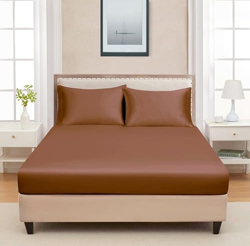 Image of RD TREND Microfiber Satin Weave Fitted Bedsheets for Queen Size Bed 78x60x10 Inch with 2 Pillow Covers-18x28 Inch | 400 TC All Around Elastic | Coffee