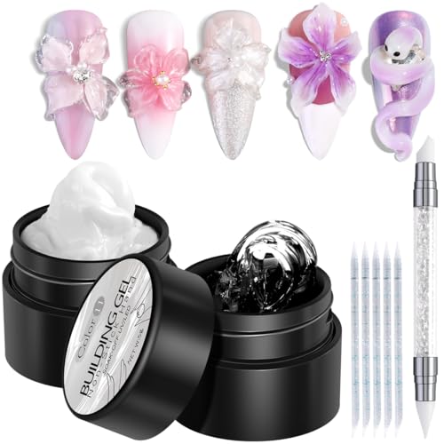 Fcozpjk Solid Builder Gel Kit 2PCS Clear and White 3D Sculpting Gel Non-Sticky Hand Carving Gels with Silicone Pen Hard Gels for Nails Molding 3D Flowers Nail Design Manicure Salon Supplies