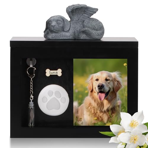 DiDiBirDi Tierurnen für Hunde, Schwarze Handgefertigte Hundeurne aus Holz mit Hunde - Gedenkfigur, Gedenkflasche für Haare, Stempelkissen und feuchtigkeitsbeständiger aus Flanell (bis 35kg) 