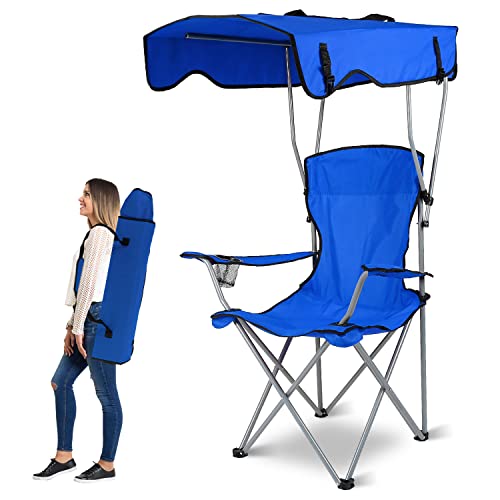 Silla plegable con toldo de playa, protección solar, para camping, césped, 330 libras, asiento plegable con soporte para tazas para playa, piscina, viajes, picnic (azul)