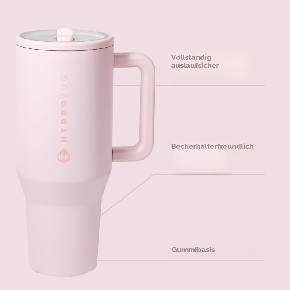 HydroJug Traveler - 946 ml Wasserflasche mit Griff und Klapp-Trinkhalm, passt in Becherhalter, auslaufsicherer Becher, wiederverwendbar, isolierter Edelstahl und Gummiboden, Geschenk für Damen und