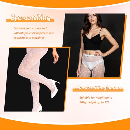 2 Pcs White Lace Tights, High Waist Lace Tights for Women, Floral Fishnet Leggings, Stretchable Pantyhose2