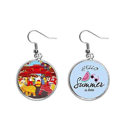 Pendientes de sandía y danza de león chino para paseos de verano