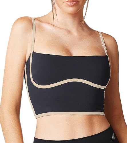 Image of Sleeveless Spaghetti Strap Padded Sports Bra Tank Tops Square Neck Double Layer Workout Fitness Basic Crop Tops
