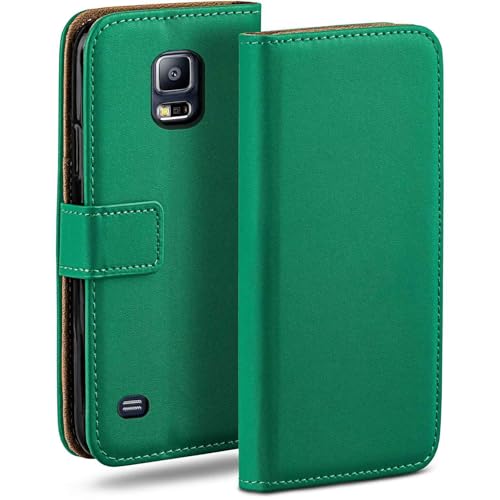 moex Funda con Tapa para Samsung Galaxy S5 / S5 Neo, con Ranura para Tarjetas, Funda Estilo Libro con protección de 360 Grados, Cuero Vegano, Esmeralda Verde