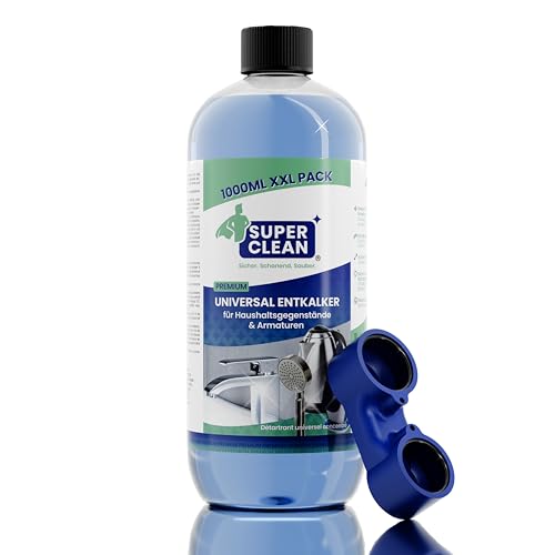 SUPER CLEAN Universal Entkalker flüssig mit Wasserhahn-Aufsatz | Hochkonzentriert & Vielseitig | 1L | Für Wasserkocher Armaturen Dusche Duschkopf Bad & Küche | Materialschonend & effektiv