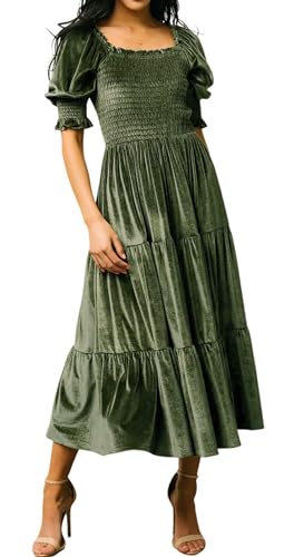 Image of R.Vivimos Autumn Winter Velvet Dress for Women Square Neck Puff Sleeve Midi Dress Ruched Smock A Line Flowy Ruffle Long Dress(Large,ArmyGreen)