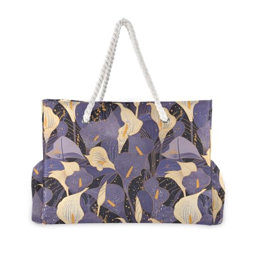 Chic White and Purple Calla Lily Vintage Large Capacity Large Work Tote with side pocketes Beach Bag Tote for beach&school&work2