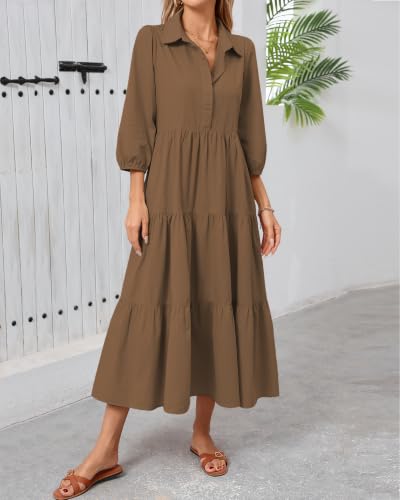 Image of Women Button Down Maxi Shirt Dress Long Sleeve Flowy Tiered Collared Dresses with Pockets