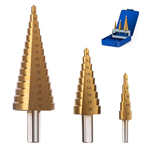 ETiME Foret Étagé 3Pcs 4-12/20/32mm, Foret Fraise Meche Etage, HSS Inox Metal, Triangle Conique Titane, avec Tige Hexagone, pour Visseuse Percage sur Acier, Laiton, Bois, Plastique