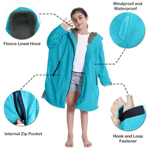 Image of Hiturbo Warm Kids Swim Parka: Waterproof Changing Robe - Oversize Swimming Coat - Hooded Surf Poncho - Thick Lining (7-14Y)
