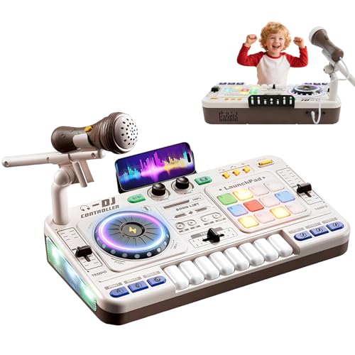 Table de mixage DJ pour enfants 3-12 ans, DJ Mixer Controller pour enfant Platines DJ Musicale avec 100+ effets sonores, micro, Lumières kit de mixage DJ...