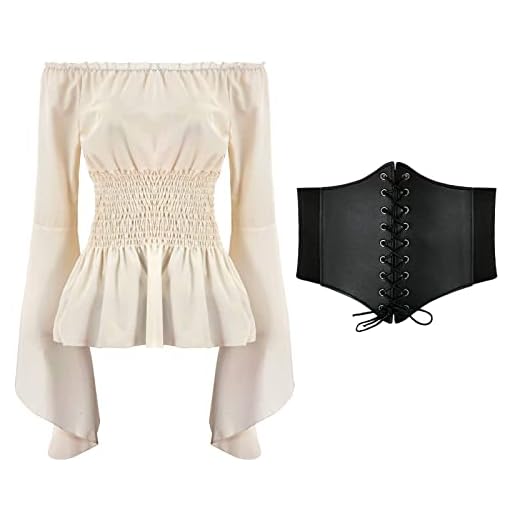 Womens Renaissance Blouse Tops Corset Waist Belt Medieval Victorian Off Shoulder Long Sleeve Shirt Halloween Pirate Cosplay Costumes (L, Beige)