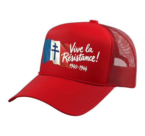 Vive la Résistance! Free France 1940-1944 White Lettering Trucker Hat with Adjustable Mesh Back, Red