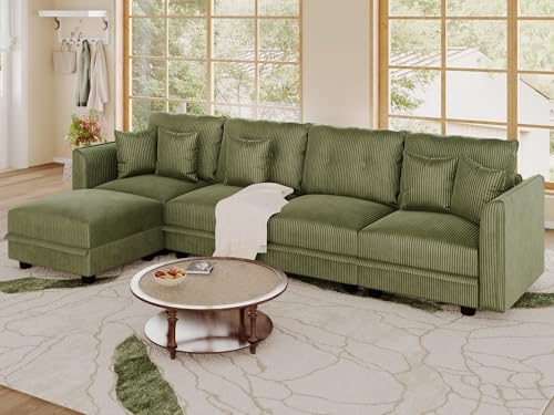 Image of LLappuil 112 inch Modular Sectional Sofa with Storage, L-Shaped 5-Seat Corduroy Couch with 4 Throw Pillows, Pet-Friendly Convertible Sofa for Small Living Room & Apartment, Skin-Friendly, Green