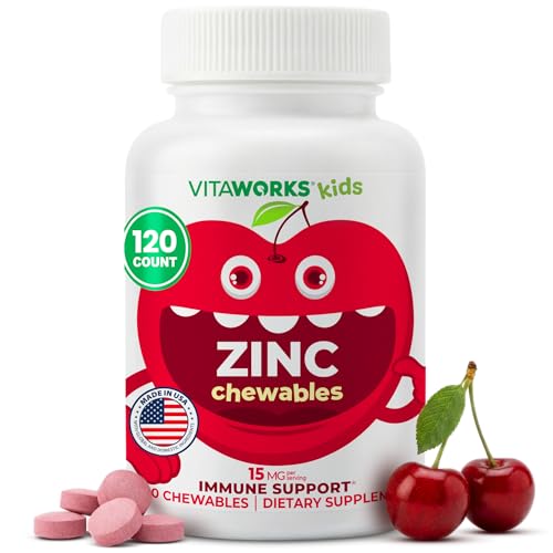 VitaWorks Kids Zinc 15mg Chewable Tablets - Natural Cherry Flavor - Vegan Vegetarian GMO-Free Gluten Free Nut Free Vitamins - Dietary Supplement for Immune Support - for Children - 120 Chewables