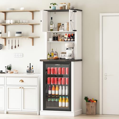Image of 73'' Tall Mini Fridge Cabinet with Storage Hutch, Farmhouse Coffee Bar with Mini Fridge Space, Wine Bar Cabinet for Kitchen, Dining Room, Living Room