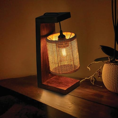 Image of Ikari Homes Vintage Table Lamp I Indonesian Rattan Cane with Braided Wire I Boho Table lamp for Bedroom /Living Room /Office Desk /Restaurants - (Rattan Square Mesh)