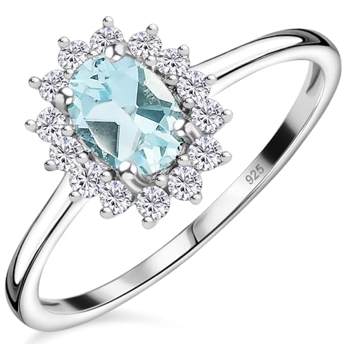 Image of TJC Birthstone Halo Engagement Ring for Women, 925 Sterling Silver Platinum Plated Aquamarine Gemstone Ring, Vintage Royal Halo Ladies Statement Jewellery Gift - Size M