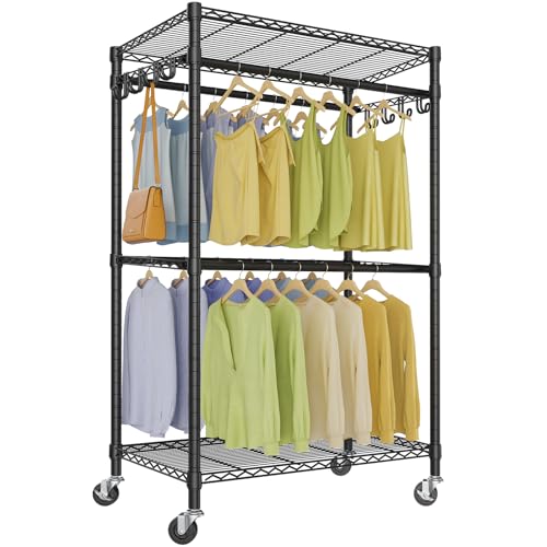 VIPEK R2 Pro Rolling Garment Rack 2-Sided Hanging Heavy Duty Clothes Racks with Wheels Adjustable Shelves Hanging Rods Metal Portable Closet Storage Freestanding Clothing Rack, Max load 600lbs, Black