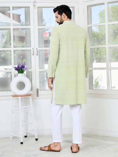 Image of See Designs Men's Full Sleeve Mandarin Collar Embroidered Thread Work Sequinned Rayon Straight Long Kurta - Festive Collection