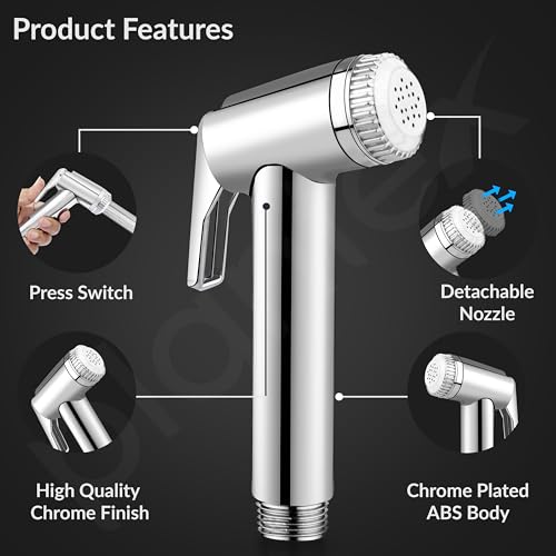 Image of Plantex Jet Spray for Toilet /ABS Health Faucet with 1 Meter Shower Hose Pipe and Wall Hook /Health Faucet Set for Bathroom /Hand Gun for Toilet - (Jecquar, Chrome)