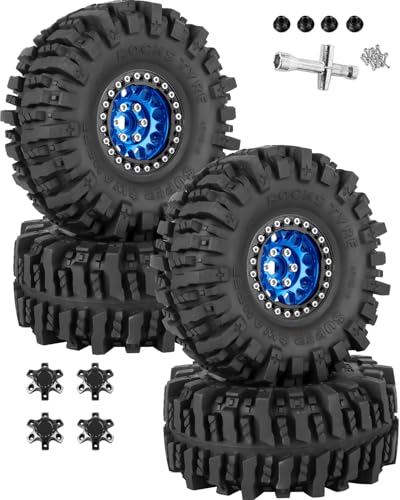 RCHuiWow RC 1.9 Beadlock Wheels 1.9 Beadlock Tires for 1/10 SCX10 90046 AX103007 TRX4 TRX6 D90 VS4-10 MST CFX Gen8 7 RC Crawler,Alloy Aluminium rc Wheel Rim w/Rings & Rubber Tires,Navy Blue w/Black