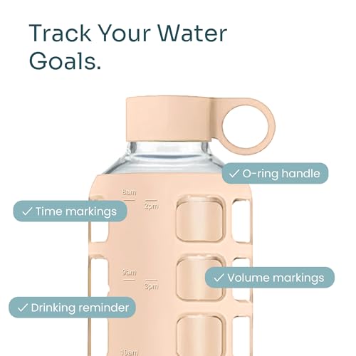 purifyou 40oz / 32oz / 22oz / 12oz Borosilicate Glass Water Bottle with Time & Volume Markers, Silicone Sleeve, Stainless Steel Lid | Reusable Glass Bottle for Water & Juice (40oz Hazelnut)