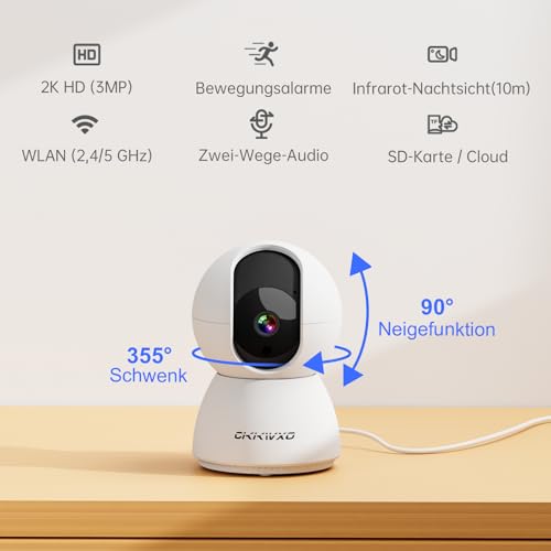 CiKiKWXO 2.4/5GHz Überwachungskamera Innen WLAN mit 2K (3MP) HD Kamera Überwachung Innen PTZ– Bewegungserkennung, IR Nachtsicht, Zwei-Wege-Audio Kompatibel mit Alexa für Haustier/Innen