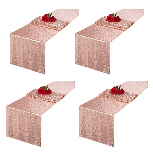 Charoama 4 Pack Rose Gold Sequin Table Runner 12x72 inch Glitter Fabric Table Linens Runner Fabric Decorations for Holiday Wedding Birthday Outdoor Party Decor