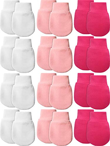 12 Pairs Newborn Baby Mittens Gloves Cotton No Scratch Baby Mittens for 0-6 Months Baby Boys Girls (White, Pink, Rose Red)