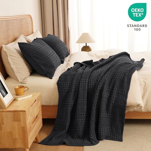 Image of PHF 100% Cotton Waffle Throw Blanket for Couch, Lightweight Breathable and Soft for Summer, Luxury Aesthetic Waffle Weave Blanket for Home Decor & Office, Gifts for Women, 50 inchx60 inch, Black