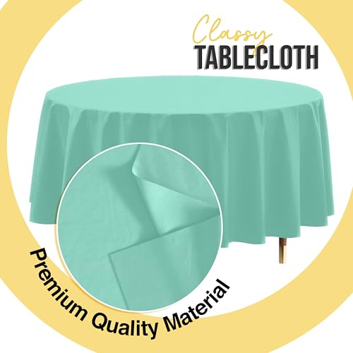 Image of Exquisite 66% Thicker Premium Mint Round Tablecloth 0.5 Mil 12 Pack Plastic Table Cloth Disposable 84 Inch Round Plastic Tablecloth Won't Tear Easily Like Cheap Thin Brands