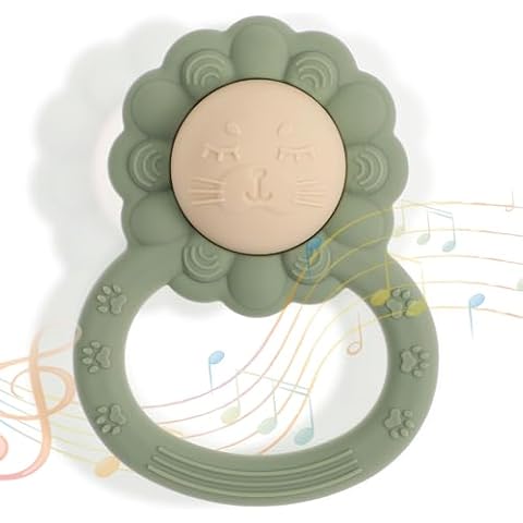 Dirbabi Rattle Teether, Lion Shape Montessori Baby Sensory Teething Toys, Food Grade Silicone BPA Free, Newborn Essentials Must Haves (Shifting Sand Sage) Cover