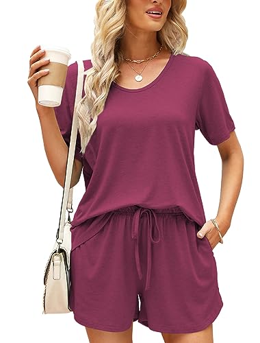 Image of MOYEE Womens Pajama Sets Soft Short Sleeve Shirt and Shorts 2 Pieces Lounge Outfit Sets with Pockets