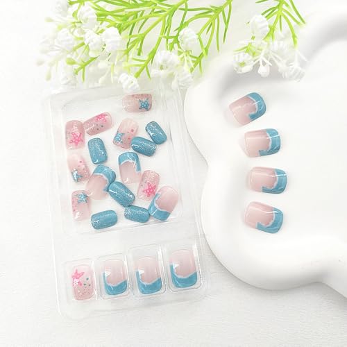 Short Press on Nails Square Blue Waves French Tip Fake Nails Starfish Glitter Design Acrylic Transparent Glue on Nails Cute Summer False Nails Square Short Nails Press ons for Girls 24Pcs - Thumbnail 2