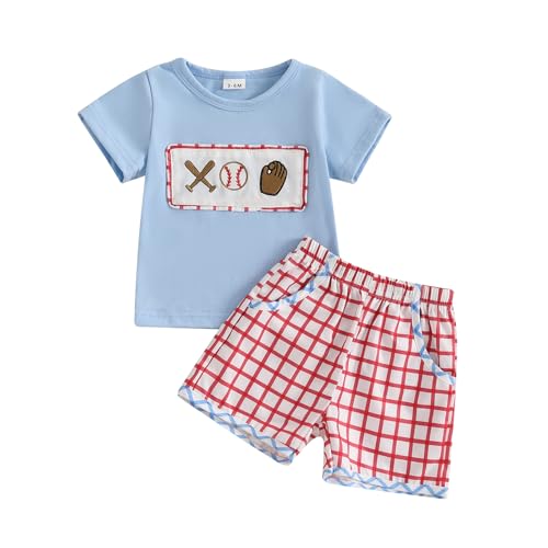 2PCS Summer Outfit Toddler Baby Boy Baseball Short Sleeve T-Shirt Plaid Shorts Set Infant Boy Clothes (Sky Blue, 6-12 Months)