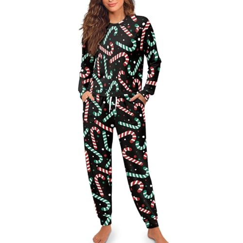 Image of Womens Lounge Set Long Sleeve Soft Pajama Sets Casual 2 Piece Pj Outfit Crewneck Sleepwear with Pockets Plus Size
