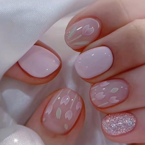 24 Piezas Cortas Uñas Postizas Francesa Cubierta Completa Almendra Uñas Falsas Acrílico Tulipanes Morados Francesa Press on Nails con Pegamento Gelatina para Mujeres y Niñas Nail Art, 12 Tamaños