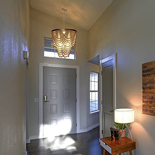 6-Light Bohemia Wood Beaded Chandelier for Dining Room, Coastal Pendant Light for Bedroom, Modern Farmhouse Light Fixtures for Entryway, Gold and Oak Finish - Image 4