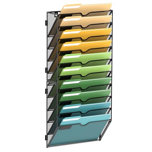 SUPEASY 10 Tier Wall File Organizer, Hanging Wall Mounted Mail Organizer with Label Slots, Metal Mesh File Holder Magazine Rack for Office, Home, School or Classroom, Black