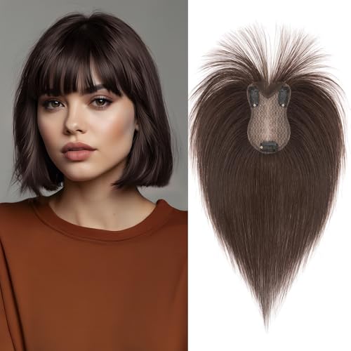 Benehair Toupet Capelli Donna Veri con Clip 8x11cm Frangia Clip Capelli Veri Umani Extension Clip Capelli Naturali con Frangia, 21g 28CM Marrone Scuro #02