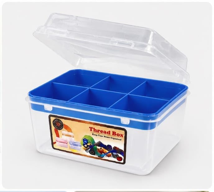 fng plastic thread box organiser with 6 compartments, clear, blue 1 | secure latch closure, transparent body, sewing storage, removable divider tray, multi-colour options
